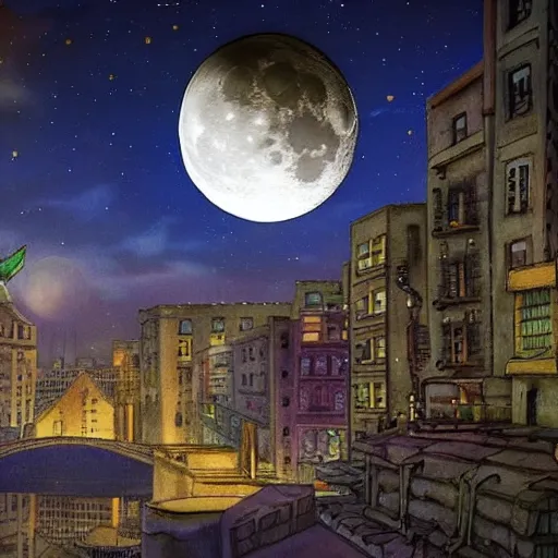 Image similar to Moon from Majora‘s Mask in the night sky over an modern European city, news report, dramatic, scary