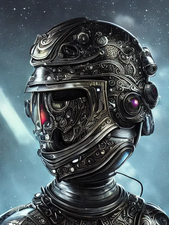 Prompt: portrait art of 8k ultra realistic retro futuristic samurai , galaxy reflected helmet , detailed intricate ornate armour,eldritch horror,blade runner, cybernetic, full of colour, cinematic lighting, battered, trending on artstation, 4k, hyperrealistic, focused, extreme details,unreal engine 5, cinematic, masterpiece, art by ayami kojima, giger