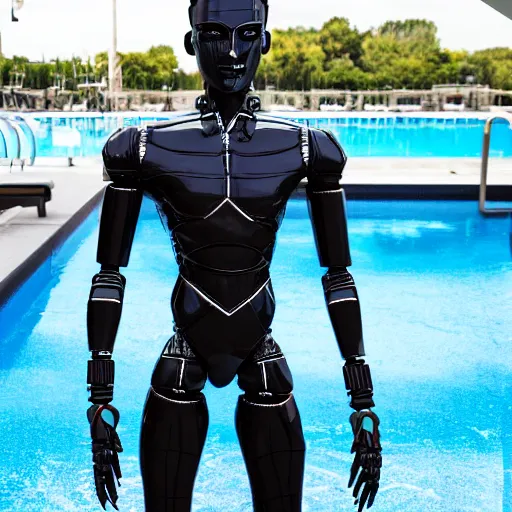 Image similar to a realistic detailed photo of a guy who is an attractive humanoid who is half robot and half humanoid, who is a male android, wrestler finn balor, shiny skin, posing like a statue, blank stare, by the pool, on display, showing off his muscles, humanoid robot, frozen ice statue