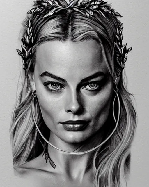 Image similar to realism tattoo sketch of margot robbie as a beautiful greek goddess aphrodite with piercing eyes wearing a laurel wreath and triangle earrings, in the style of greg rutkowski, amazing detail