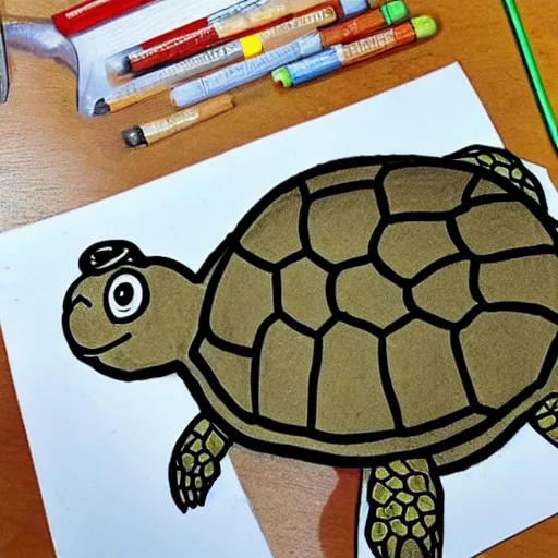 Image similar to a child's drawing of a turtle holding a receipt that says NFT! on it