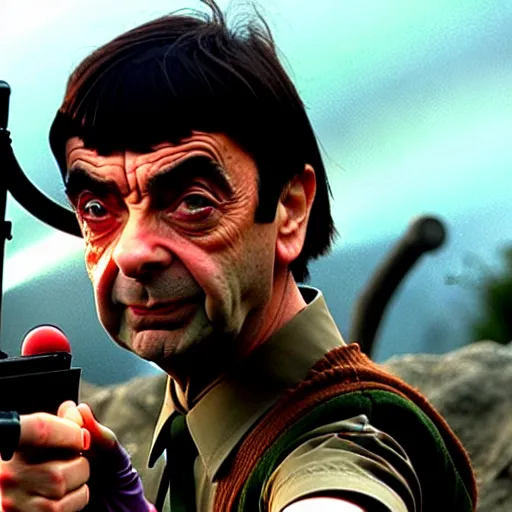 Image similar to mr. bean as rambo. movie still. cinematic lighting.