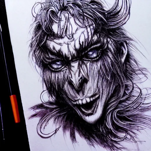 Prompt: ballpoint pen art of a demon, scribble, etching