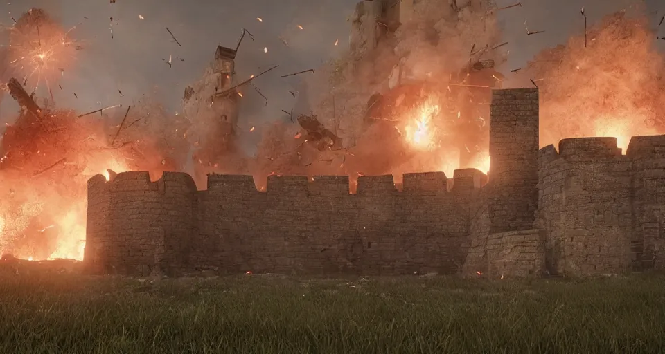 Image similar to tribuchets fireing on a medieval fortress, destroying the walls, fire and explosion, debris flying around, octane render, unreal engine