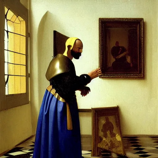 Prompt: a painting of drake in knights armor by vermeer