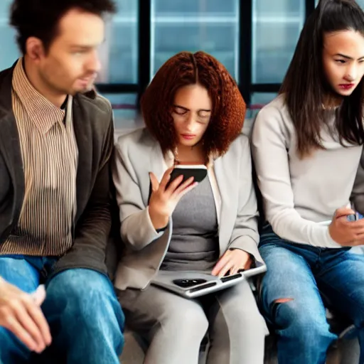 Image similar to futuristic dystopian group of people starring into their phone