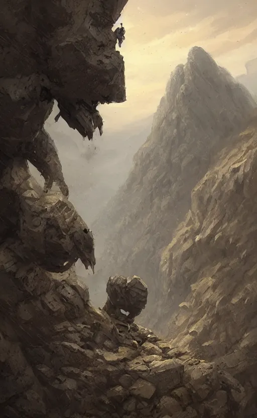 Image similar to a stone golem hitting a mountain with his fist, greg rutkowski, 8 k, shallow depth of field, intricate detail, concept art,