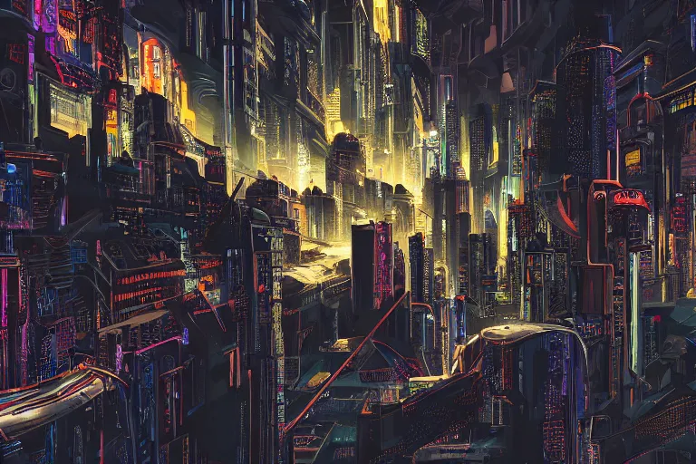 Image similar to abstract depiction of a complex city where the connections are seen as streaks of intense light, ultradetailed, polished, cyberpunk style