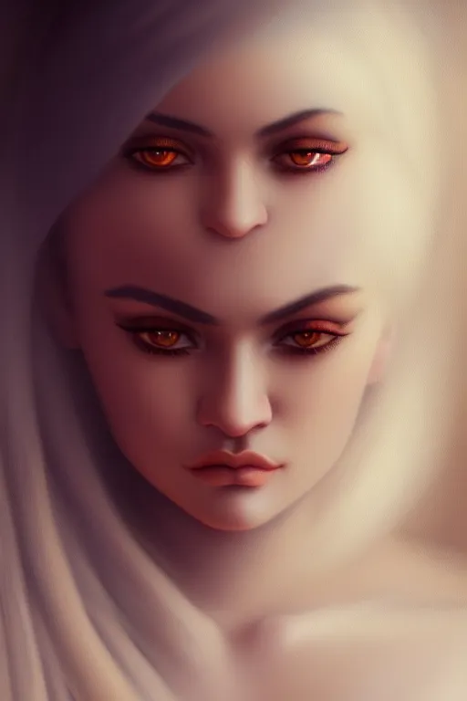 Image similar to a demonic horrific portrait of kylie jenner, white eyes, bored, illustration, soft lighting, soft details, painting oil on canvas by edmund blair leighton and charlie bowater octane render, hdr, trending on artstation, 4 k, 8 k, hd