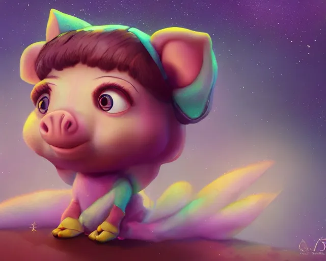 Image similar to 3D Fantasy Cute and adorable space piglet princess, huge adorable eyes, bright stars, Smooth 3D Illustration, soft render, Servando Lupini, Daniil Kudriavtsev, handpaint texture, Blender, 3DCoat