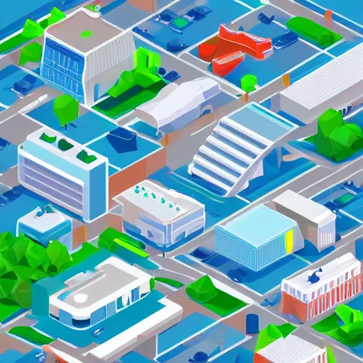 Prompt: isometric low poly city landscape of a lush and bright futuristic city, full of white buildings and futuristic cars, bright blue sky
