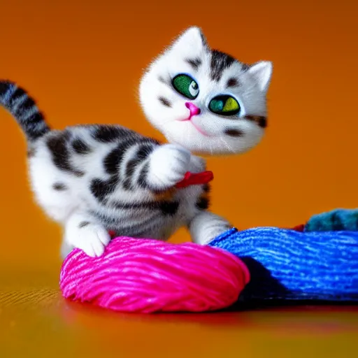 Prompt: miniature closeup of kittens playing with yarn, claymation, Pixar animation, visually stunning, 50mm, highly detauled, award-winning