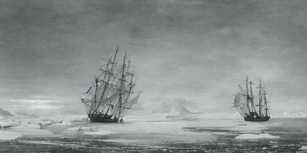 Prompt: “ a single 1 8 0 0 s sail ship is stuck in solid white sea ice, completely frozen sea, no water visible, the uneven and irregular frozen sea is jagged and maze - like, towering ice ridges and seracs, nighttime, stars visible, romanticist oil painting ”