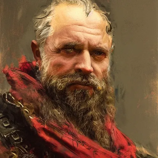 Image similar to Solomon Joseph Solomon and Richard Schmid and Jeremy Lipking victorian genre painting portrait painting of a old rugged movie actor medieval knight character in fantasy costume, red background