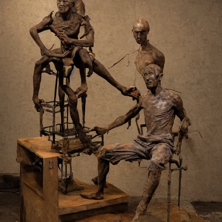 Image similar to hyperrealistic sculpture of a fossilized bronze chinese prisoner on an operating table in a cage on a pedestal, surrounded by surgeons, by duane hanson and lee bontecou and giacometti, patina, hyperrealistic dramatic colored lighting trending on artstation 8 k