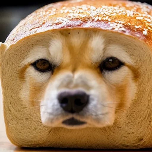 Prompt: the face of a shiba inu blended into the side of a loaf of bread on a kitchen bench