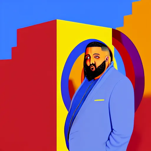 Image similar to ultra realistic portrait of dj khaled in a studio, ultra detailed, under blue, red and yellow cinematic lighting, salvador dali, cartoon, monument valley, escher