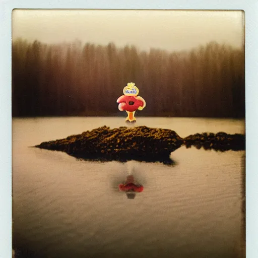 Image similar to A polaroid photo of a cereal mascot standing in a shallow river, dreamy lighting, hi-res photo
