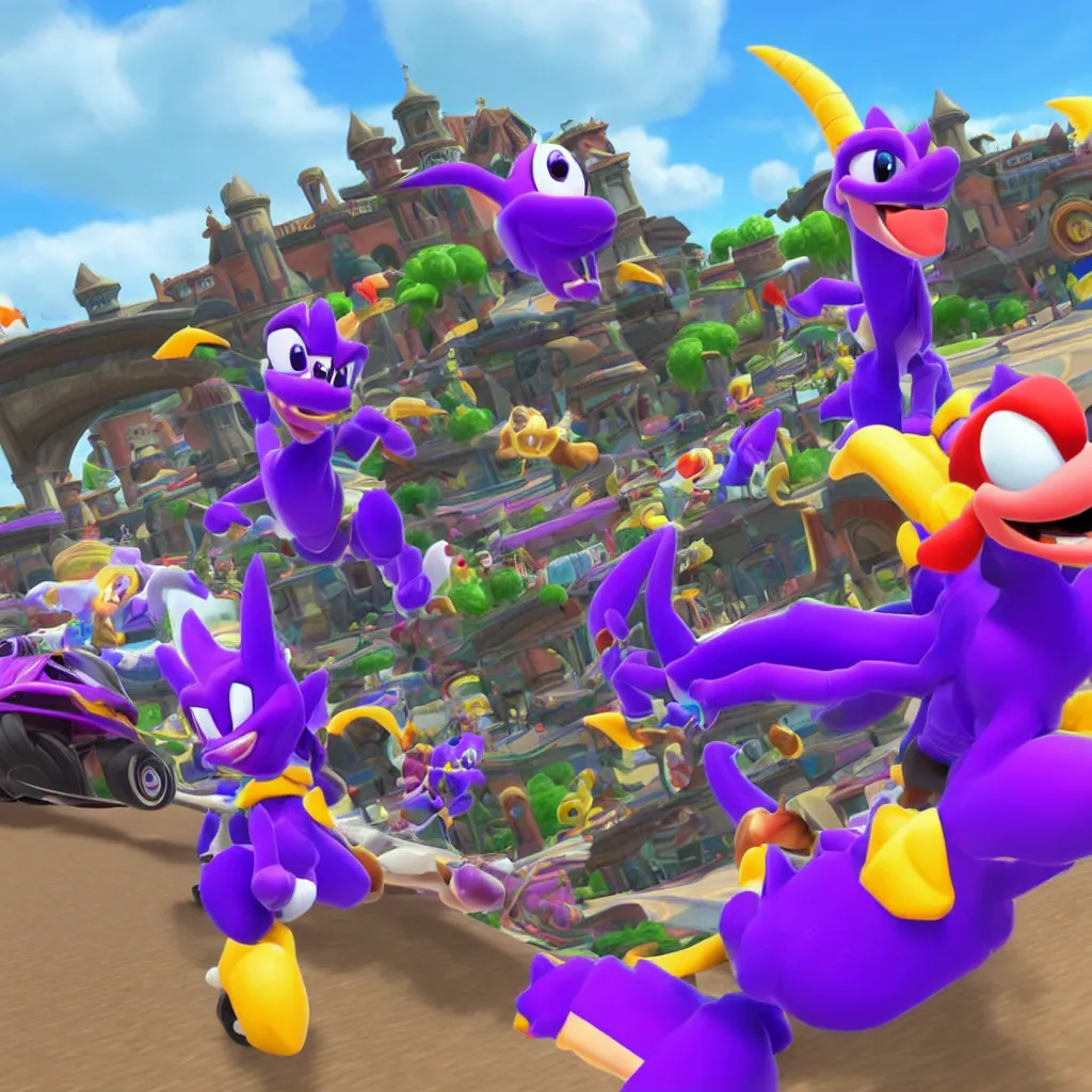 Prompt: race as spyro the dragon in mario kart 8 deluxe