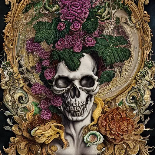 Image similar to a beautiful detailed rococo portrait of a rotten woman corpse becoming almost a skull with face muscles, veins, arteries, fractal plants and fractal flowers and mushrooms growing around, intricate, ornate, volumetric light, beautiful lit, beetlejuice