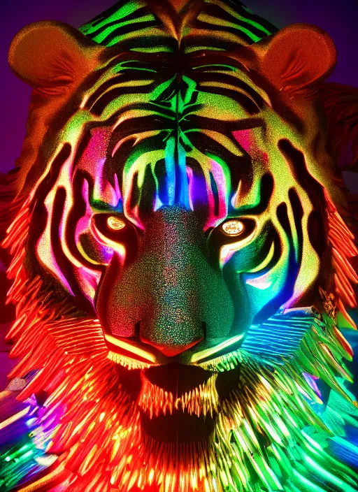 Prompt: photo of baroque and bladerunner delicate neon emerald sculpture of seductive king william levy tigers orange iridescent humanoid deity wearing metallic jungle leaves holding the sun prismatic dungeon, glowing rainbow face, crown of white diamonds, cinematic lighting, photorealistic, octane render 8 k depth of field 3 d