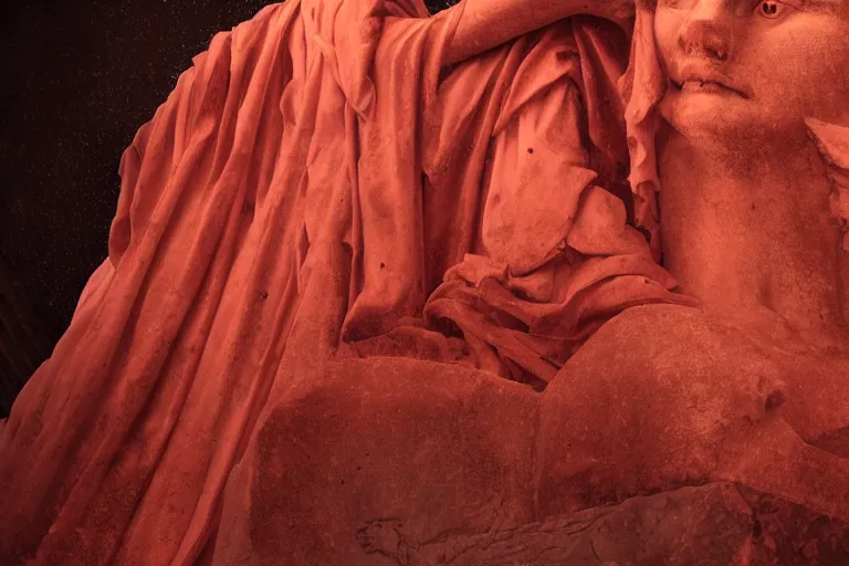 Image similar to a cinematic view of a ornated holy marble sphinx statue using an old red silk veil made by hedi xandt, chris haas and bernini, realistic, macabre art, detailed image, photorealistic, volummetric light