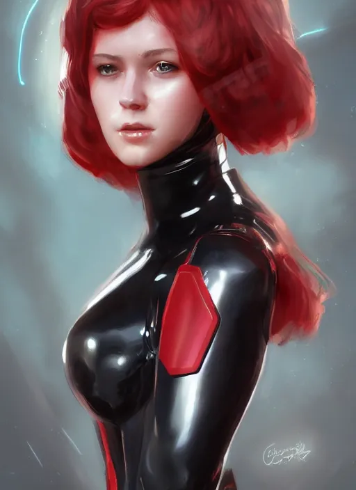 Image similar to Portrait of a female mech pilot in a black latex bodysuit, by Charlie Bowater, Ross Tran, WLOP, highly detailed, monotone, red highlights