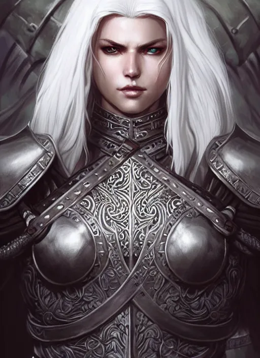 Image similar to warrior, leather armor!!! long wild white hair!! covered chest!!! fantasy, d & d, intricate ornate details, digital painting, pretty face!!, symmetry, concept art, sharp focus, illustration, art by artgerm! greg rutkowski magali villeneuve wlop! ilya kuvshinov!!, octane render