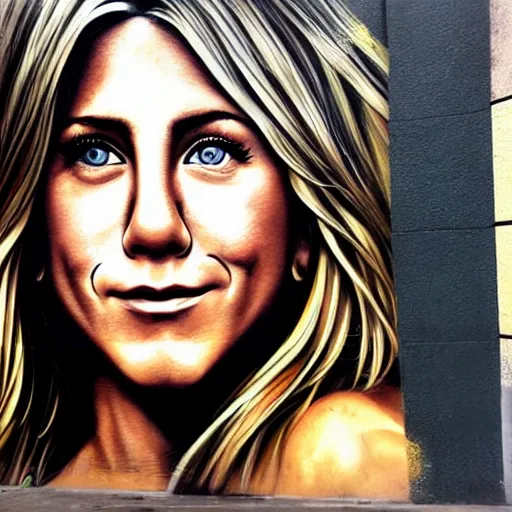 Prompt: Street-art portrait of Jennifer Aniston in style of Etam Cru