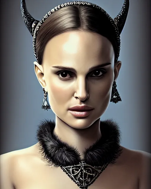 Image similar to Natalie Portman, wearing devil horns headband, very detailed portrait, ultrarealistic, dramatic lighting, electrical details, high details, 4k, 8k, best, accurate, trending on artstation, fur, artstation, photorealism, ultrarealistic, digital painting, style of Dali, Caravaggio, Boris Vallejo