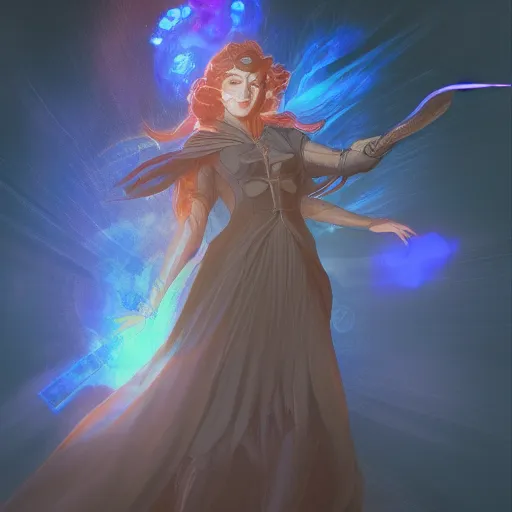 Image similar to portrait of a female sorcerer using magic, blueish aura by her side, dynamic pose, chromatic aberration, medium level shot, grim fantasy, illustration, mucha style, concept art,