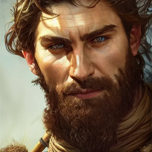 Image similar to portrait of a rugged ranger, muscular, upper body, hairy chest, D&D, fantasy, intricate, elegant, highly detailed, digital painting, artstation, concept art, matte, sharp focus, illustration, art by Artgerm and Greg Rutkowski and Alphonse Mucha