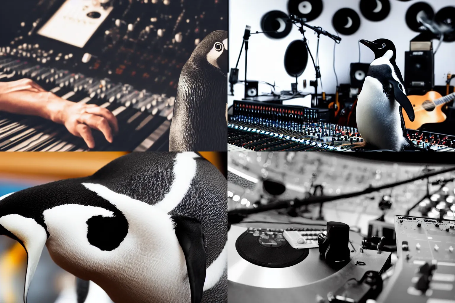 Prompt: a penguin in a music studio recording a song, studio engineer’s POV, strong depth of field