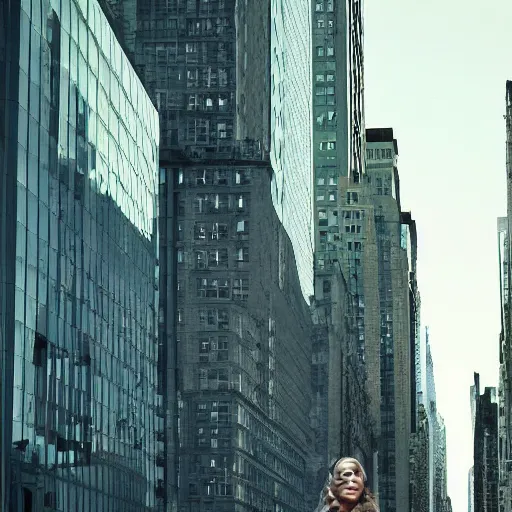 Image similar to 200 feet tall woman walking through new York, digital art