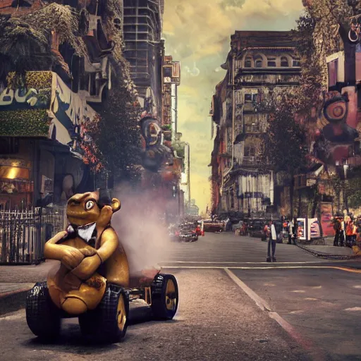 Image similar to a chimpanzee picking up pennies in a city street with a steam roller headed towards him, depth of field, fashion photoshoot by nicoletta ceccoli, mark ryden, lostfish, dan decarlo, bob clampett, max fleischer, breathtaking, detailed and intricate environment, 8 k resolution, hyperrealistic, octane render