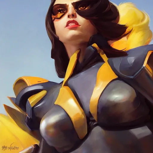 Image similar to greg manchess portrait painting of elaina as overwatch character, medium shot, asymmetrical, profile picture, organic painting, sunny day, matte painting, bold shapes, hard edges, street art, trending on artstation, by huang guangjian and gil elvgren and sachin teng