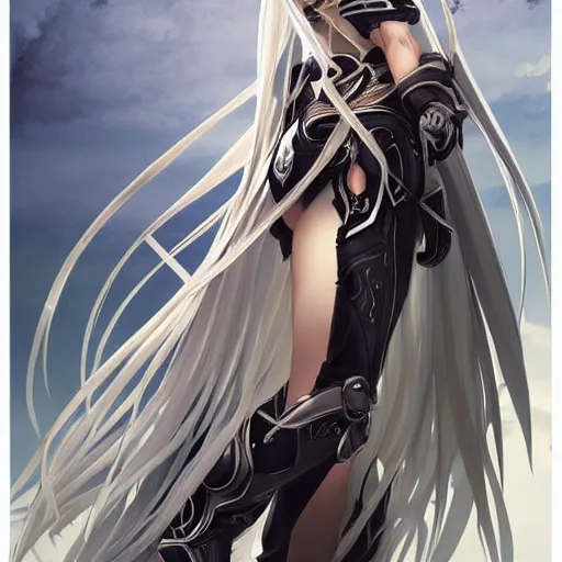 Image similar to full body character design character design of an anime girl with long white hair wearing Elden Ring armor with engraving in the style of Yoji Shinkawa, expressive brush strokes, hairs fluttering on the wing, noisy film grain effect, highly detailed, Renaissance oil painting, weird portrait angle, blurred lost edges, three quarter view