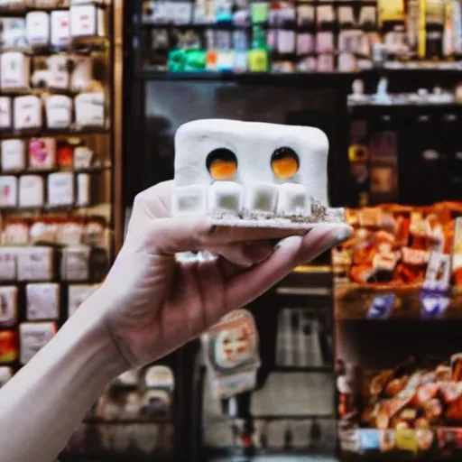 Prompt: a monster taking a selfie near a deli made of marshmallows photo realistic blurry lens focus Paul Thomas anderson movie