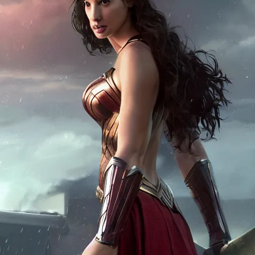 Image similar to a potrait of Gal Gadot born as Kryptonian with full armory by Greg Rutkowski, Sung Choi, Mitchell Mohrhauser, Maciej Kuciara, Johnson Ting, Maxim Verehin, Peter Konig, Zack Snyder, 8k photorealistic, cinematic lighting, HD, high details, dramatic, trending on artstation, full body shot