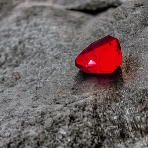 Prompt: a deep red, glowing, long crystal on a rock, film grain