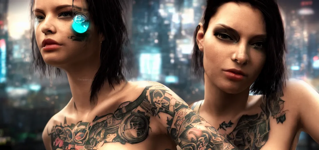 Prompt: a beautiful cyberpunk chick with tattoos photorealism bokeh
