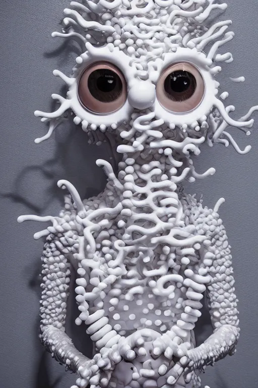 Prompt: full head and shoulders, beautiful porcelain female person, mixed with giant frog spawn eyes, smooth, delicate facial features, white detailed eyes, white lashes, 3 d white shiny thick, larg tentacles and eyeballs by daniel arsham and james jean, featured in pictoplasma