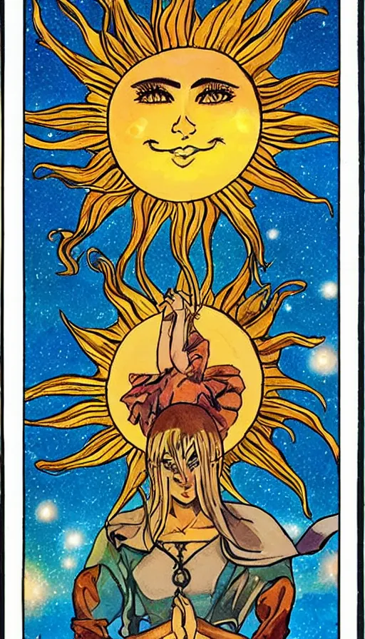 Image similar to the sun, art, anime, bright light, positive vibes based on the Tarot card The Sun