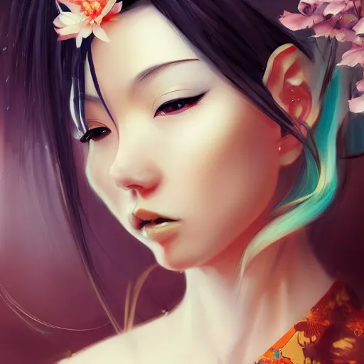 Image similar to A realistic anime portrait of a beautiful kitsune woman with a human face wearing a kimono, digital painting, by Stanley Artgerm Lau, WLOP, and Rossdraws, digtial painting, trending on ArtStation, deviantart
