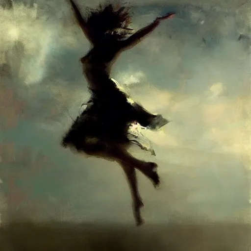 Image similar to painting of a beautiful surreal Harpey, dancing on a cloud, by Jeremy Mann and Jason Jenicke, detailed, stylized, loose brush strokes, intricate, realistic, exaggerated lighting, sense of scale, ferocious, sensual