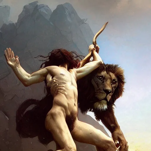 Image similar to Heracles strangling the Nemean Lion, digital painting, detailed, artstation, Krenz Cushart, Greg Rutkowski, Alphonse Mucha, Artgerm