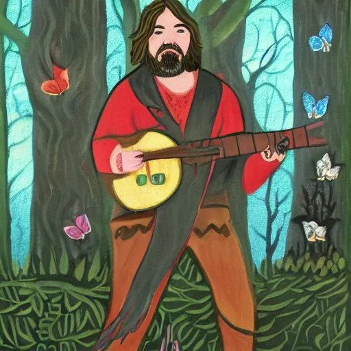 Prompt: Matt berry in a medeival fairy forest painting as a bard woodsman