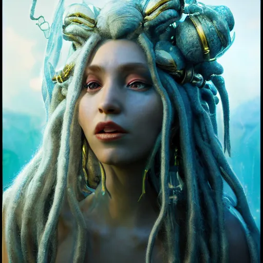 Image similar to unreal engine, octane render, 8 k techno mystic goddess princess intergalactica, with aqua neon rapunzel dreadlocks, mami wata, detailed, by gaston bussiere, bayard wu, greg rutkowski, h. r. giger, greg rutkowski, masterpiece, sharp focus,