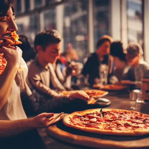 Image similar to people eating pizza in a futuristic city, 8k ultra hd, hyper detailed