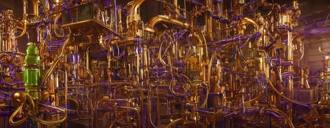 Image similar to a super high resolution film still of machine apparatus for making snake oil, huge copper machine with purple and green intricate pipework, art by andrey remnev, and bruce pennington, directed by denis villeneuve, cinematography by robby muller, fine detail, kodachrome 8 k, snake machine, cinematic lighting